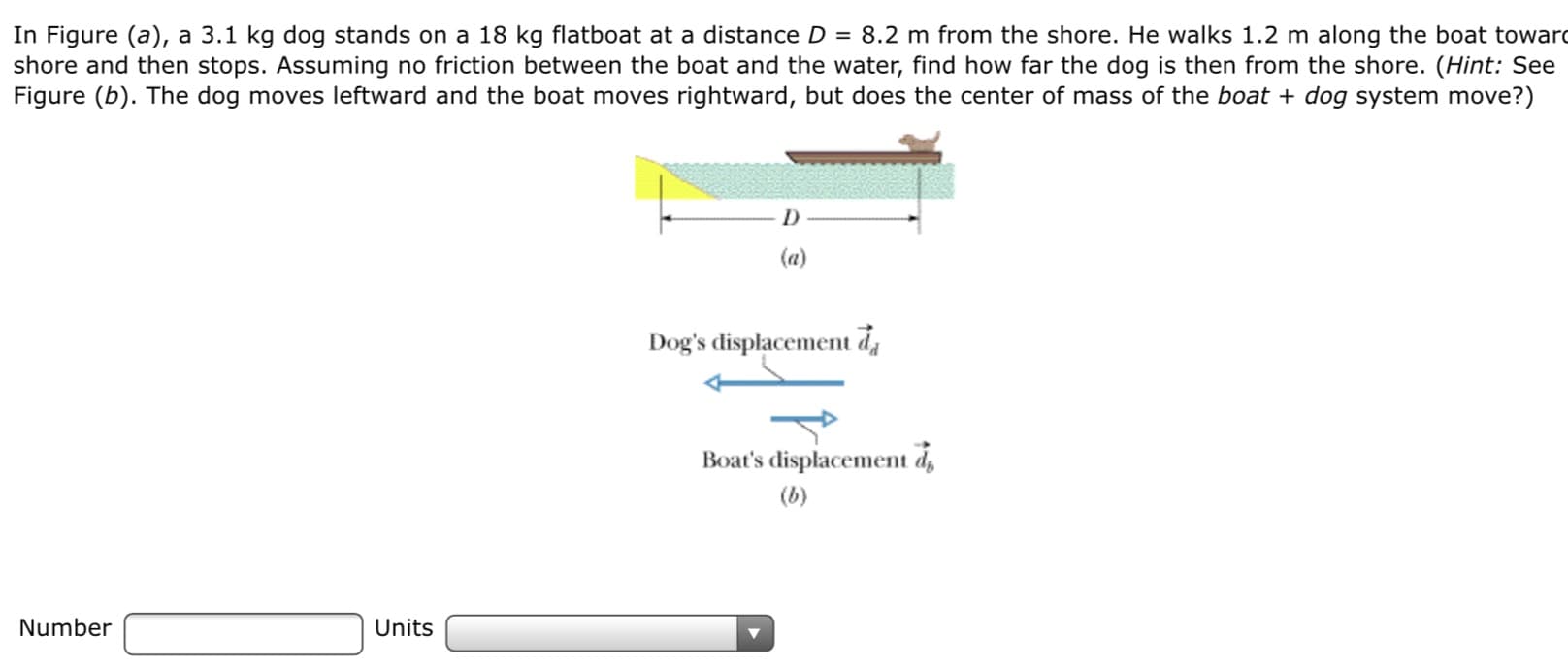 In Figure (a), a 3.1 kg dog stands on a 18 kg flatboat at a distance D = 8.2 m from the shore. He walks 1.2 m along the boat toward
shore and then stops. Assuming no friction between the boat and the water, find how far the dog is then from the shore. (Hint: See
Figure (b). The dog moves leftward and the boat moves rightward, but does the center of mass of the boat + dog system move?)
(a)
Dog's displacement da
Boat's displacement d,
(b)
Number
Units

