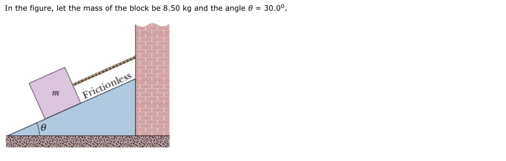 In the figure, let the mass of the block be 8.50 kg and the angle 0 = 30.0°.
Frictionless
