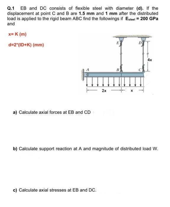 Q.1 EB and DC consists of flexible steel with diameter (d). If the
displacement at point C and B are 1.5 mm and 1 mm after the distributed
load is applied to the rigid beam ABC find the followings if Esteel = 200 GPa
and
x= K (m)
d=2 (ID+K) (mm)
4x
B.
2x H
a) Calculate axial forces at EB and CD
b) Calculate support reaction at A and magnitude of distributed load W.
c) Calculate axial stresses at EB and DC.

