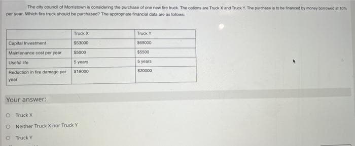 The city council of Morristown is considering the purchase of one new fire truck. The options are Truck X and Truck Y. The purchase is to be financed by money borowed at 10%
per year. Which fire truck should be purchased? The appropriate financial data are as follows:
Truck X
Truck Y
Capital Investment
$53000
S69000
Maintenance cost per year
$5000
$5500
Useful life
5 years
5 years
Reduction in fire damage per
$19000
$20000
year
Your answer:
O Truck X
O Neither Truck X nor Truck Y
O Truck Y
