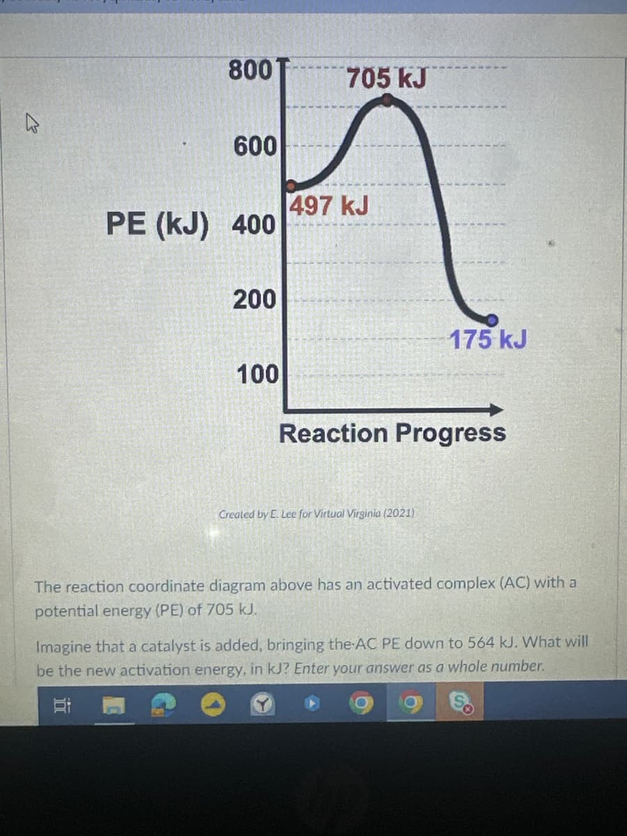 800
705 kJ
600
497 kJ
PE (kJ) 400
200
175 kJ
100
Reaction Progress
Created by E. Lee for Virtual Virginia (2021)
The reaction coordinate diagram above has an activated complex (AC) with a
potential energy (PE) of 705 kJ.
Imagine that a catalyst is added, bringing the AC PE down to 564 kJ. What will
be the new activation energy, in kJ? Enter your answer as a whole number.