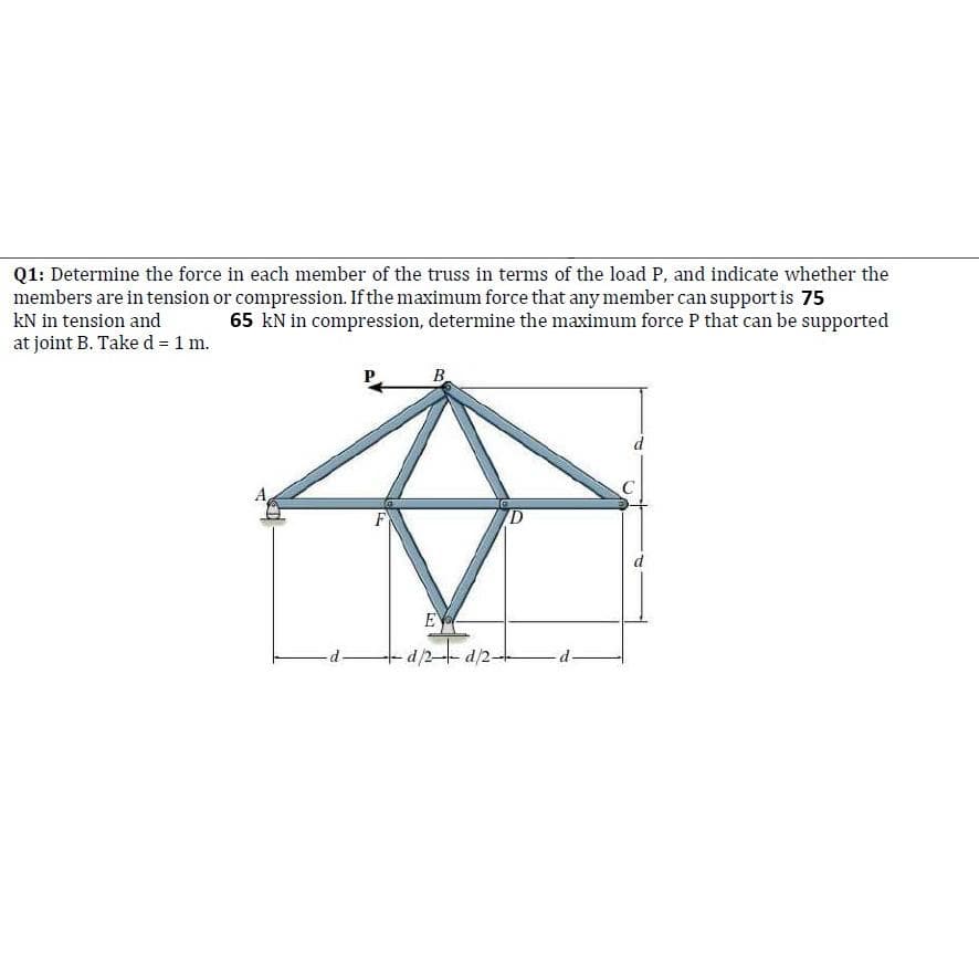 Q1: Determine the force in each member of the truss in terms of the load P, and indicate whether the
members are in tension or compression. If the maximum force that any member can support is 75
kN in tension and
65 kN in compression, determine the maximum force P that can be supported
at joint B. Take d = 1 m.
d
B
E
-d/2-+-d/2
d-
d