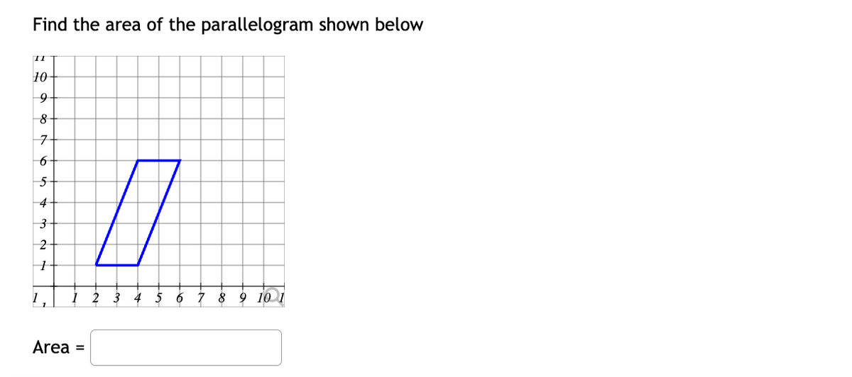 Find the area of the parallelogram shown below
II
10
9
8
7
6
5
4
3
2
1
1
Area =
0
3
4
5 6 7 8 9 10 1