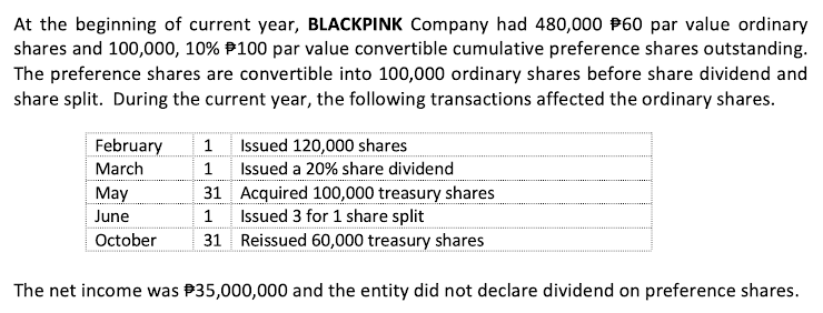 At the beginning of current year, BLACKPINK Company had 480,000 $60 par value ordinary
shares and 100,000, 10% 100 par value convertible cumulative preference shares outstanding.
The preference shares are convertible into 100,000 ordinary shares before share dividend and
share split. During the current year, the following transactions affected the ordinary shares.
February 1
Issued 120,000 shares
March
1
Issued a 20% share dividend
May
31
Acquired 100,000 treasury shares
Issued 3 for 1 share split
June
1
October 31 Reissued 60,000 treasury shares
The net income was $35,000,000 and the entity did not declare dividend on preference shares.
