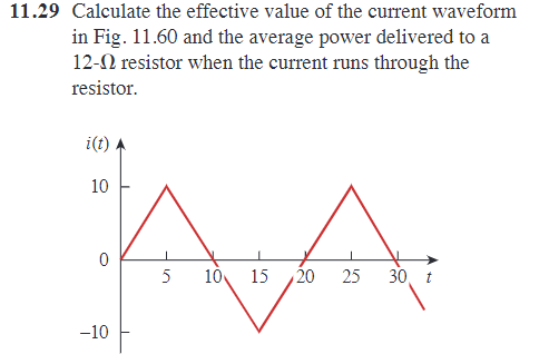 11.29 Calculate the effective value of the current waveform
in Fig. 11.60 and the average power delivered to a
12- resistor when the current runs through the
resistor.
i(t)
10
0
-10
5
10 15 20 25 30
