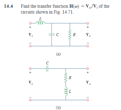 14.4
Find the transfer function H(o) = V/V, of the
circuits shown in Fig. 14.71.
V₁
IỎ
L
m
C
C
(a)
(b)
www
R
+
V₂
IQ
V.