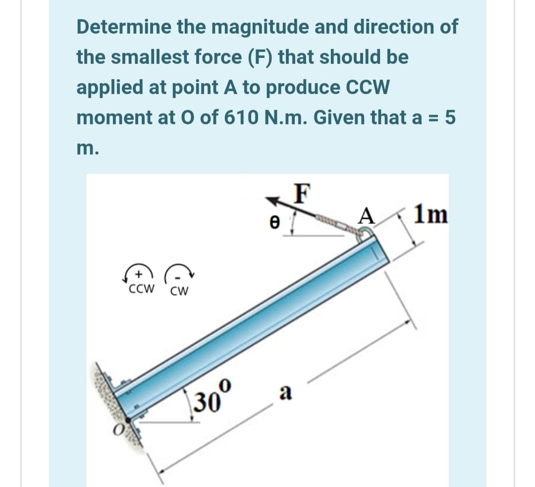 Determine the magnitude and direction of
the smallest force (F) that should be
applied at point A to produce CCW
moment at O of 610 N.m. Given that a = 5
m.
F
A
1m
+
CCW
CW
a
30°
