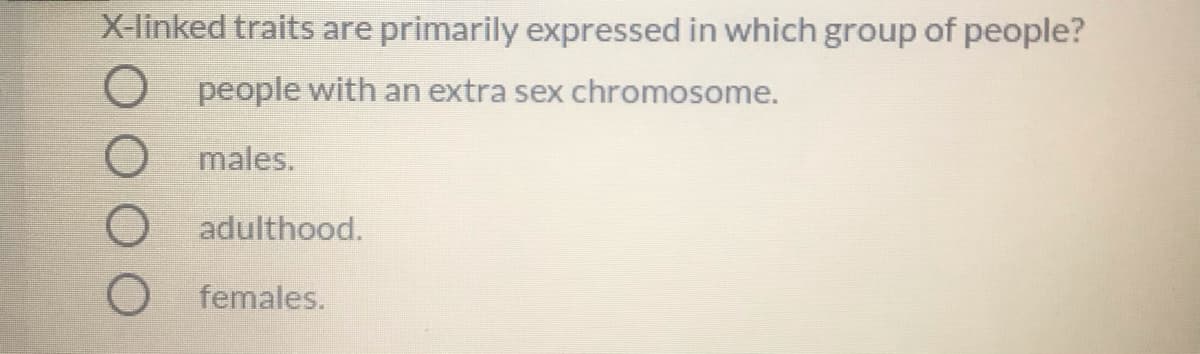 X-linked traits are primarily expressed in which group of people?
O people with an extra sex chromosome.
males.
adulthood.
O females.
