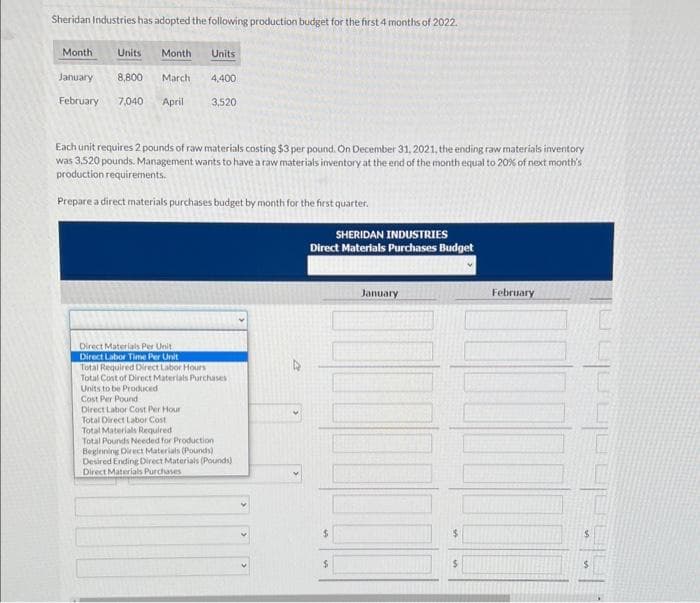 Sheridan Industries has adopted the following production budget for the first 4 months of 2022.
Month Units Month Units
January
8,800 March 4,400
February 7,040 April
3,520
Each unit requires 2 pounds of raw materials costing $3 per pound. On December 31, 2021, the ending raw materials inventory
was 3.520 pounds. Management wants to have a raw materials inventory at the end of the month equal to 20% of next month's
production requirements.
Prepare a direct materials purchases budget by month for the first quarter.
Direct Materials Per Unit
Direct Labor Time Per Unit
Total Required Direct Labor Hours
Total Cost of Direct Materials Purchases
Units to be Produced
Cost Per Pound
Direct Labor Cost Per Hour
Total Direct Labor Cost
Total Materials Required
Total Pounds Needed for Production
Beginning Direct Materials (Pounds)
Desired Ending Direct Materials (Pounds)
Direct Materials Purchases
SHERIDAN INDUSTRIES
Direct Materials Purchases Budget
$
$
January
February