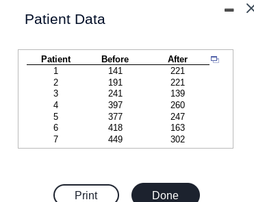 Patient Data
Patient
1234567
Print
Before
141
191
241
397
377
418
449
After
221
221
139
260
247
163
302
Done