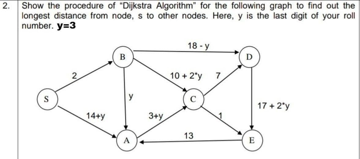 2.
Show the procedure of "Dijkstra Algorithm" for the following graph to find out the
longest distance from node, s to other nodes. Here, y is the last digit of your roll
number. y=3
18-y
B
S
17 + 2*y
14+y
>
A
3+y
10 + 2*y
13
7
E