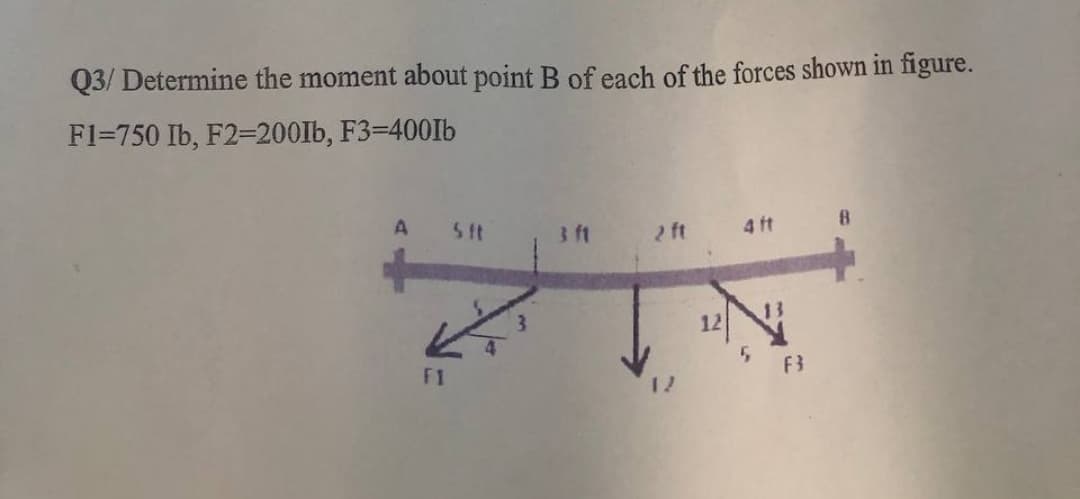 Q3/ Determine the moment about point B of each of the forces shown in figure.
F1-750 Ib, F2-200Ib, F3=400Ib
A
F1
S ft
3 ft
2 ft
12
12
4 ft
F3
8