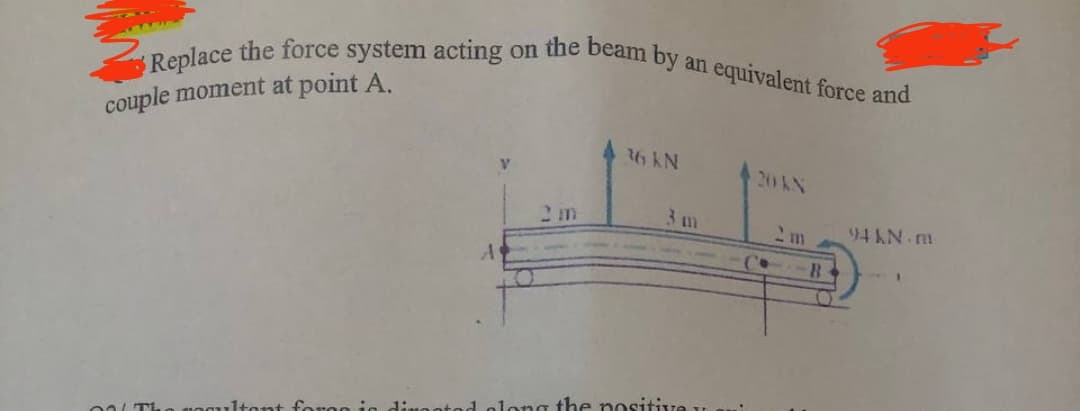 Replace the force system acting on the beam by an equivalent force and
couple moment at point A.
foroo
A
2 m
36 kN
3 m
d along the positive u
20 KN
Co
2 m
B
94 kN.m