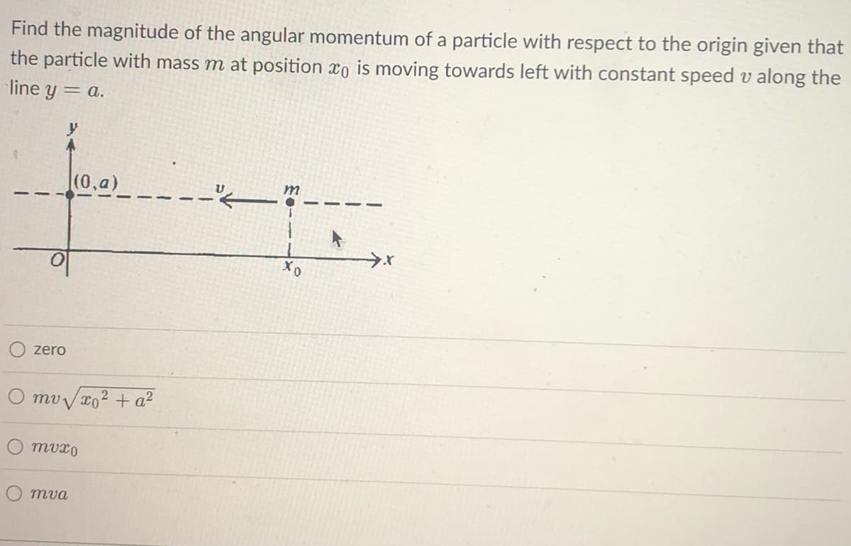 Find the magnitude of the angular momentum of a particle with respect to the origin given that
the particle with mass m at position xo is moving towards left with constant speed v along the
line y = a.
(0,a)
-"<
zero
Omv√x² + a²
mvxo
mva