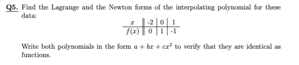 Q5. Find the Lagrange and the Newton forms of the interpolating polynomial for these
data:
-2 0
f(x)
1
1
-1
Write both polynomials in the form a + bx + cx² to verify that they are identical as
functions.
