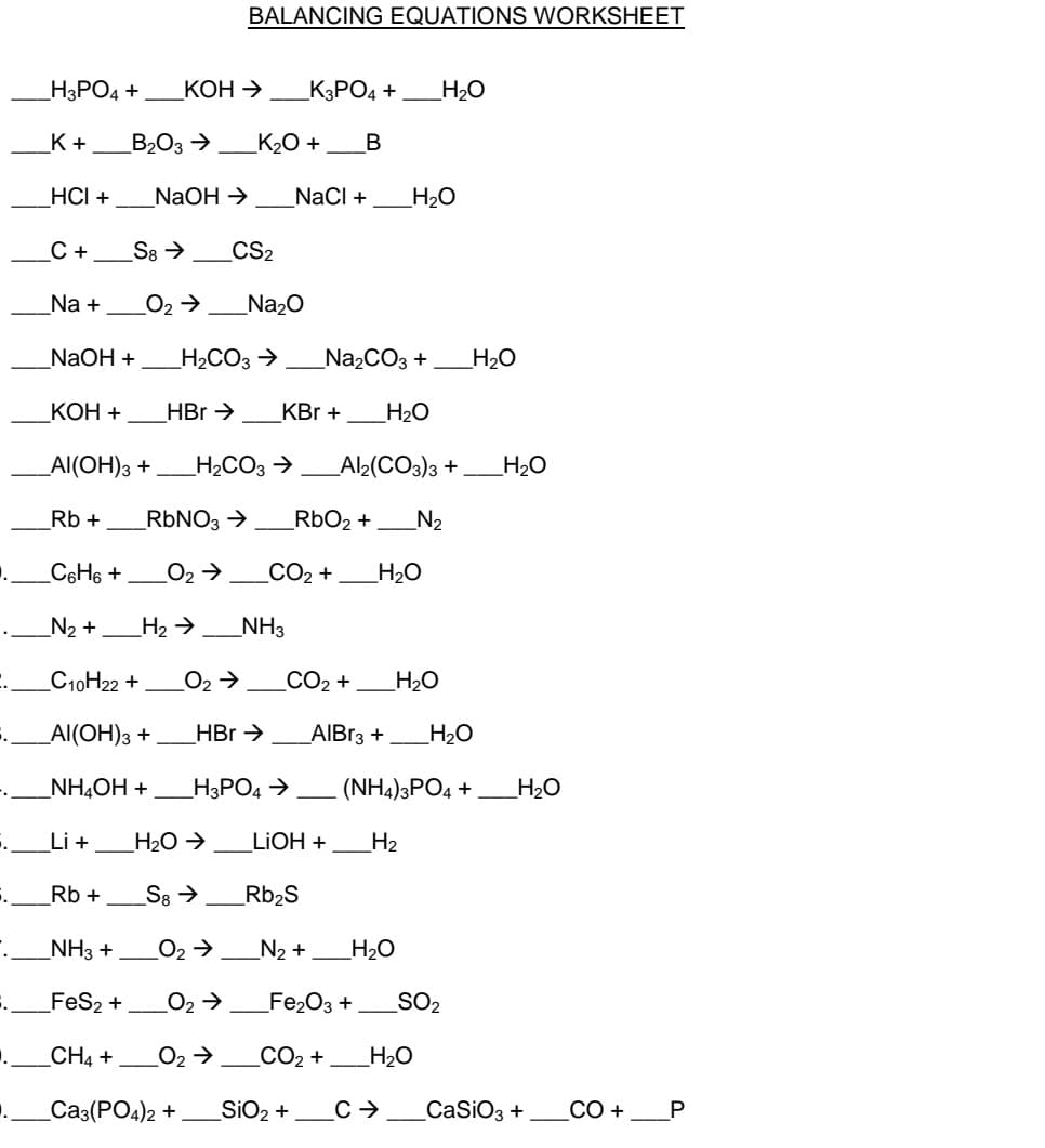 .
C.
5.
..
6.
.
S.
..
..
_H3PO4 + КОН →
K+ _B₂O3 →
HCI + NaOH →
C +
S8→
Na + _O₂ →
NaOH +
_C6H6 +
_N₂ +.
KOH + HBr →
_AI(OH)3 +
Rb +
Li +
_C10H22 +
_AI(OH)3 +
NHẠCH+
Rb +
—
RbNO3 →
_O₂ →
_H₂ →
_H₂CO3 →
_NH3 +
_FeS₂ +
CH4 +
_CA3(PO4)2 +
_O₂ →
_H₂O →
BALANCING EQUATIONS WORKSHEET
CS₂
KBr + _H₂O
_H₂CO3 → _Al2(CO3)3 +
S8 →
O₂ →
K₂O + B
O₂ →
HBr →
O₂ →
Na₂O
_H3PO4 →
NH3
_K3PO4 + _H₂O
NaCl + _H₂O
_CO₂ +
_Na₂CO3 + _H₂O
RbO₂ + _N₂
CO₂ +
SIO₂ +
Rb₂S
_N₂ +
LIOH +
_H₂O
AlBr3 + _H₂O
_H₂O
(NH4)3PO4 + _H₂O
H₂
_H₂O
_Fe₂O3 +
_CO₂ + _H₂O
C →
SO₂
_H₂O
CaSiO3 +
CO +
P