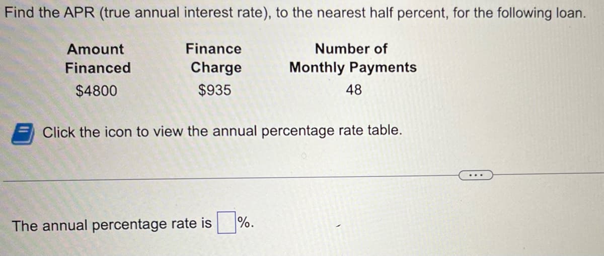 Find the APR (true annual interest rate), to the nearest half percent, for the following loan.
Finance
Number of
Monthly Payments
Charge
$935
Amount
Financed
$4800
48
Click the icon to view the annual percentage rate table.
The annual percentage rate is %.
