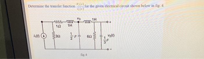 for the given electrical circuit shown below in fig. 4.
1,(3)
Determine the transfer function
1H
wwmm
1H
:312
62
V2(0)
fig.4
