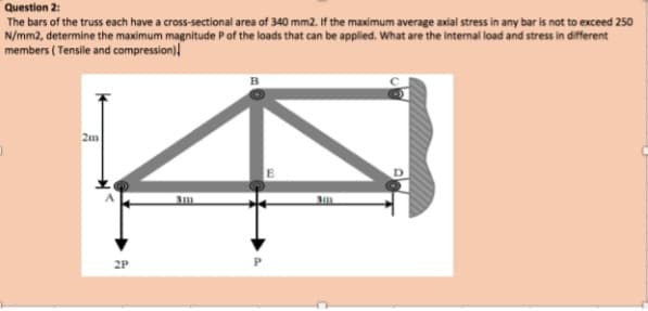 Question 2:
The bars of the truss each have a cross-sectional area of 340 mm2. If the maximum average axial stress in any bar is not to exceed 250
N/mm2, determine the maximum magnitude P of the loads that can be applied. What are the Internal load and stress in different
members (Tensile and compression)
2m
2P
3m
C