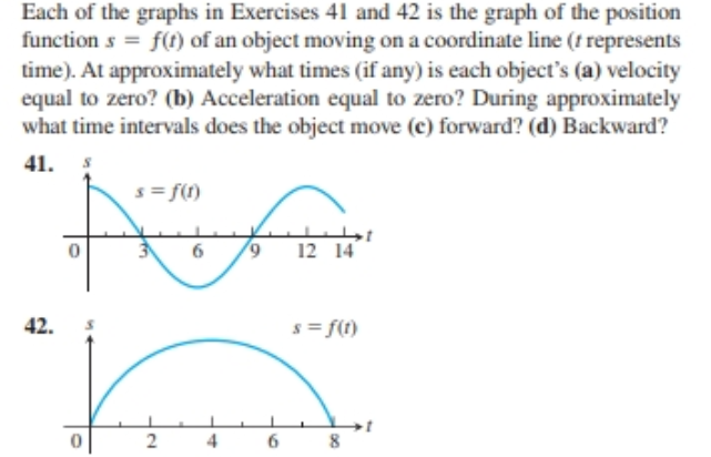 Each of the graphs in Exercises 41 and 42 is the graph of the position
function s = f(t) of an object moving on a coordinate line (t represents
time). At approximately what times (if any) is each object's (a) velocity
equal to zero? (b) Acceleration equal to zero? During approximately
what time intervals does the object move (c) forward? (d) Backward?
41.
s= f(1)
12 14
42.
s = f(t)
2.
