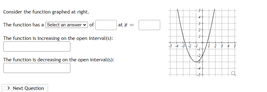 Consider the function graphed at right.
The function has a Select an answer of
The function is increasing on the open interval(s):
The function is decreasing on the open interval(s):
> Next Question
at x =
15
-4-3-2
2
16
4
3
2
1
2
-4
G
4 5