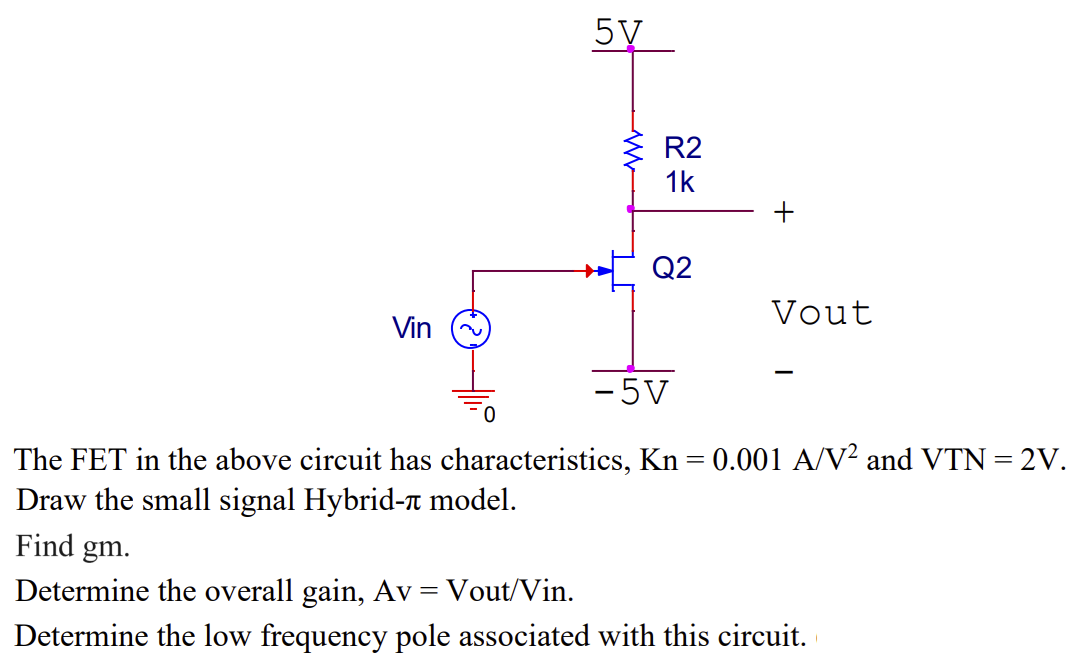 Vin
5V
w
R2
1k
+
Q2
Vout
-5V
The FET in the above circuit has characteristics, Kn = 0.001 A/V² and VTN = 2V.
Draw the small signal Hybrid-л model.
Find gm.
Determine the overall gain, Av = - Vout/Vin.
Determine the low frequency pole associated with this circuit.