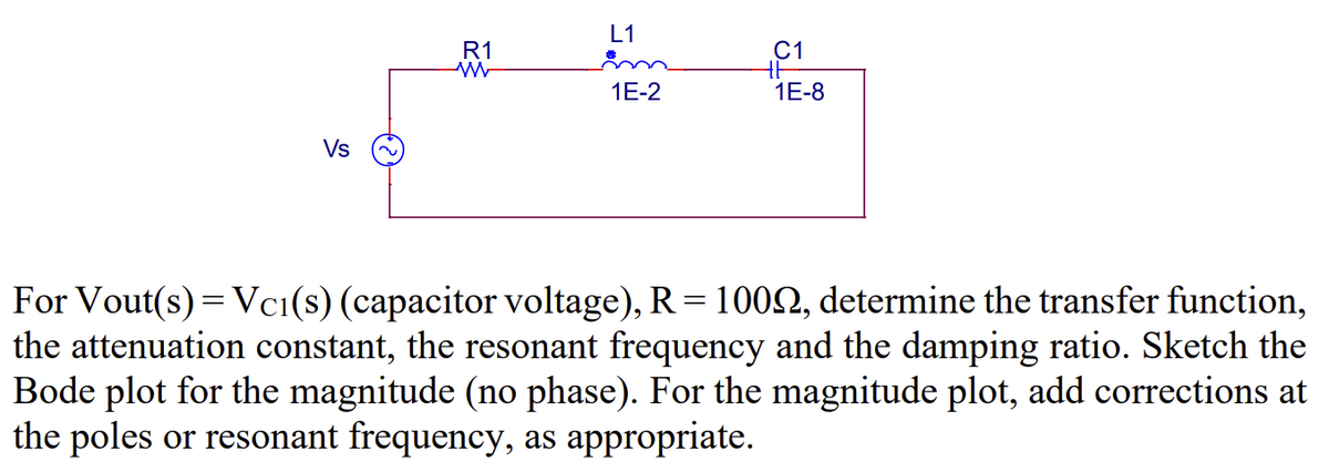 Vs
R1
W
L1
om
1E-2
C1
1E-8
For Vout(s) = Vc1(s) (capacitor voltage), R = 1002, determine the transfer function,
the attenuation constant, the resonant frequency and the damping ratio. Sketch the
Bode plot for the magnitude (no phase). For the magnitude plot, add corrections at
the poles or resonant frequency, as appropriate.