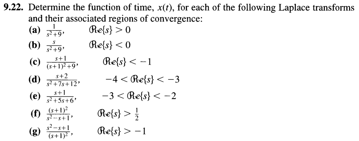 9.22. Determine the function of time, x(t), for each of the following Laplace transforms
and their associated regions of convergence:
(a) +9
$²+9'
S
(b) +9
Re{s} > 0
Re{s} <0
s+1
(c)
Re{s} < −1
-
(s+1)²+9'
(d)
5+2
s²+7s+12'
s+1
-4< Re{s} < −3
(e)
5²+55+6'
-3< Re{s} < -2
(f)
(s+1)²
$2. s+1
Re{s} >
s²-s+1
(g)
(s+1)²
Re{s} > −1