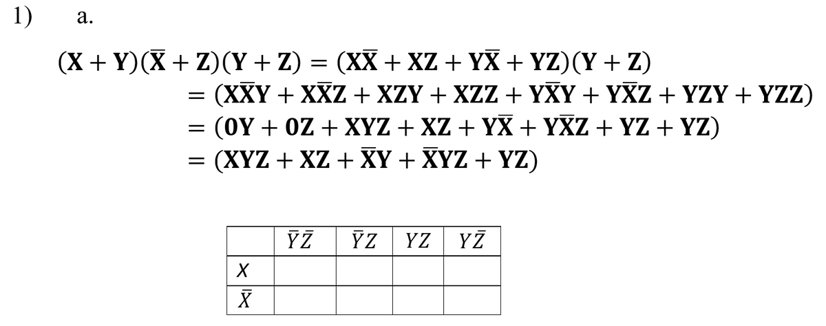 1) a.
(X+Y)(X + Z) (Y + Z)
=
(XX + XZ + YX + YZ)(Y + Z)
=
(XXY + XXZ + XZY + XZZ + YXY + YXZ + YZY + YZZ)
= (OY + OZ + XYZ + XZ + YX + YXZ + YZ + YZ)
(XYZ + XZ + XY + XYZ + YZ)
=
X
X
YZ ÝZ YZ YZ