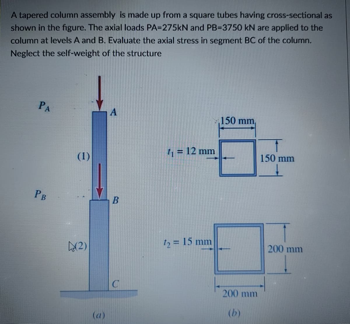 A tapered column assembly is made up from a square tubes having cross-sectional as
shown in the figure. The axial loads PA=275KN and PB-3750 kN are applied to the
column at levels A and B. Evaluate the axial stress in segment BC of the column.
Neglect the self-weight of the structure
PA
A
150 mm,
= 12 mm
(1)
150 mm
PB
12 = 15 mm
%3D
(2)
200 mm
200 mm
(b)
(a)
B.
