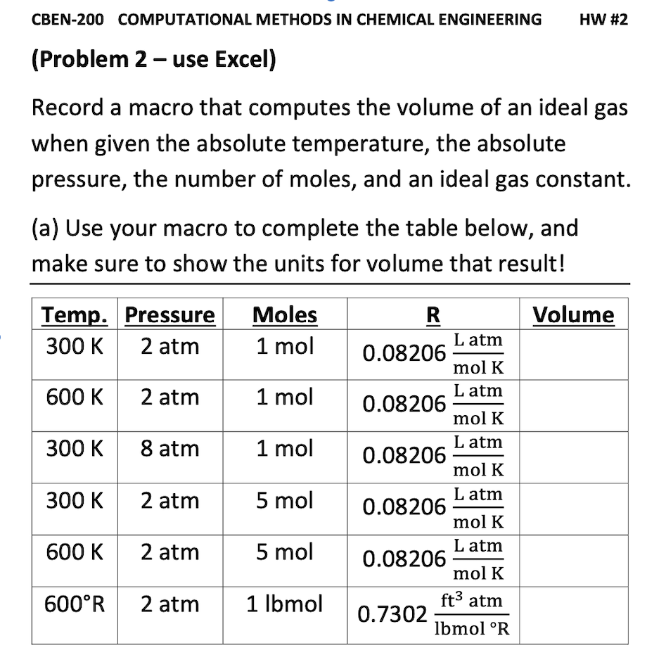 CBEN-200 COMPUTATIONAL METHODS IN CHEMICAL ENGINEERING
(Problem 2 - use Excel)
Record a macro that computes the volume of an ideal gas
when given the absolute temperature, the absolute
pressure, the number of moles, and an ideal gas constant.
(a) Use your macro to complete the table below, and
make sure to show the units for volume that result!
Temp. Pressure
300 K
2 atm
600 K
300 K
2 atm
8 atm
300 K
600 K 2 atm
600°R
2 atm
2 atm
Moles
1 mol
1 mol
1 mol
5 mol
5 mol
1 lbmol
R
0.08206
0.08206
0.08206
mol K
L atm
mol K
L atm
mol K
L atm
mol K
ft³ atm
lbmol °R
0.08206
0.08206
0.7302
L atm
mol K
L atm
HW #2
Volume