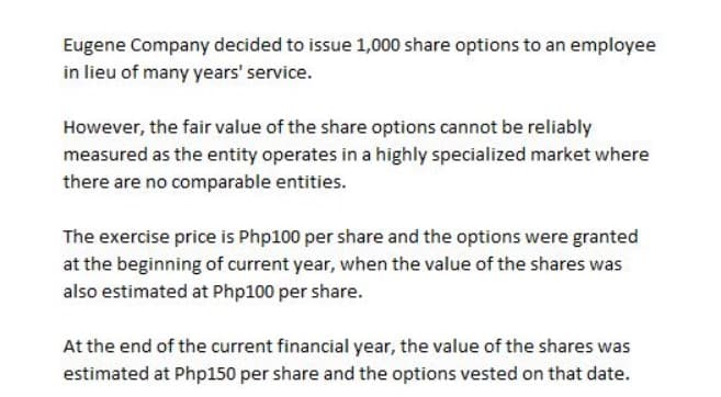 Eugene Company decided to issue 1,000 share options to an employee
in lieu of many years' service.
However, the fair value of the share options cannot be reliably
measured as the entity operates in a highly specialized market where
there are no comparable entities.
The exercise price is Php100 per share and the options were granted
at the beginning of current year, when the value of the shares was
also estimated at Php100 per share.
At the end of the current financial year, the value of the shares was
estimated at Php150 per share and the options vested on that date.