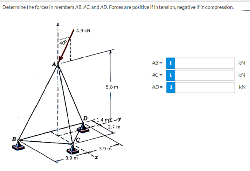 Determine the forces in members AB, AC, and AD. Forces are positive if in tension, negative if in compression.
B
1
A
400
4.9 KN
3.9 m
5.8 m
1.4 my-y
2.7 m
3.9 m
AB=
AC =
AD =
i
i
i
KN
KN
KN