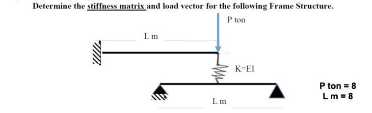 Determine the stiffness matrix and load vector for the following Frame Structure.
P ton
Lm
K-EI
P ton = 8
Lm = 8
Lm

