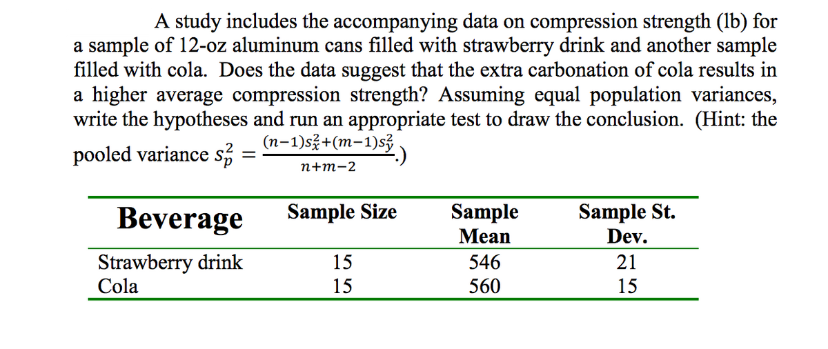 A study includes the accompanying data on compression strength (lb) for
a sample of 12-oz aluminum cans filled with strawberry drink and another sample
filled with cola. Does the data suggest that the extra carbonation of cola results in
a higher average compression strength? Assuming equal population variances,
write the hypotheses and run an appropriate test to draw the conclusion. (Hint: the
(n-1)s+(m-1)sỷ
pooled variance s,
%3|
п+т-2
Sample
Мean
Sample St.
Dev.
Beverage
Sample Size
Strawberry drink
Cola
15
546
21
15
560
15
