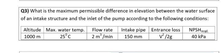 Q3) What is the maximum permissible difference in elevation between the water surface
of an intake structure and the inlet of the pump according to the following conditions:
Intake pipe Entrance loss
150 mm
NPSHregd.
Altitude Max. water temp.
25°C
Flow rate
2 m /min
V /28
40 kPa
1000 m
