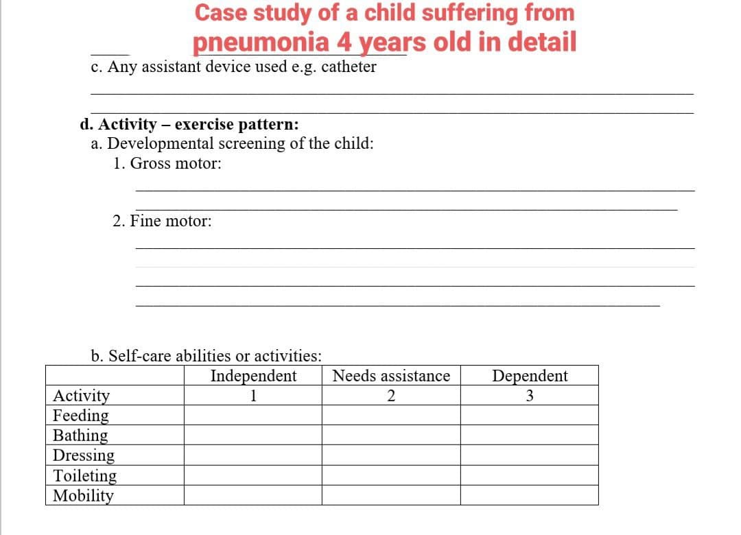 Case study of a child suffering from
pneumonia 4 years old in detail
c. Any assistant device used
e.g.
catheter
d. Activity – exercise pattern:
a. Developmental screening of the child:
1. Gross motor:
2. Fine motor:
b. Self-care abilities or activities:
Independent
Needs assistance
Dependent
Activity
Feeding
Bathing
Dressing
Toileting
| Mobility
3
