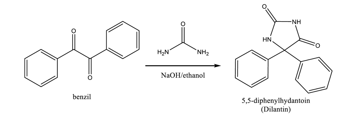 NH
HN
H2N
`NH2
NaOH/ethanol
benzil
5,5-diphenylhydantoin
(Dilantin)
