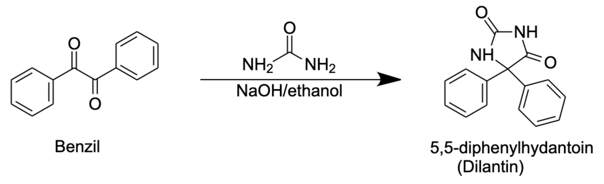 oso
Benzil
NH₂ NH₂
NaOH/ethanol
-NH
NH
O
5,5-diphenylhydantoin
(Dilantin)