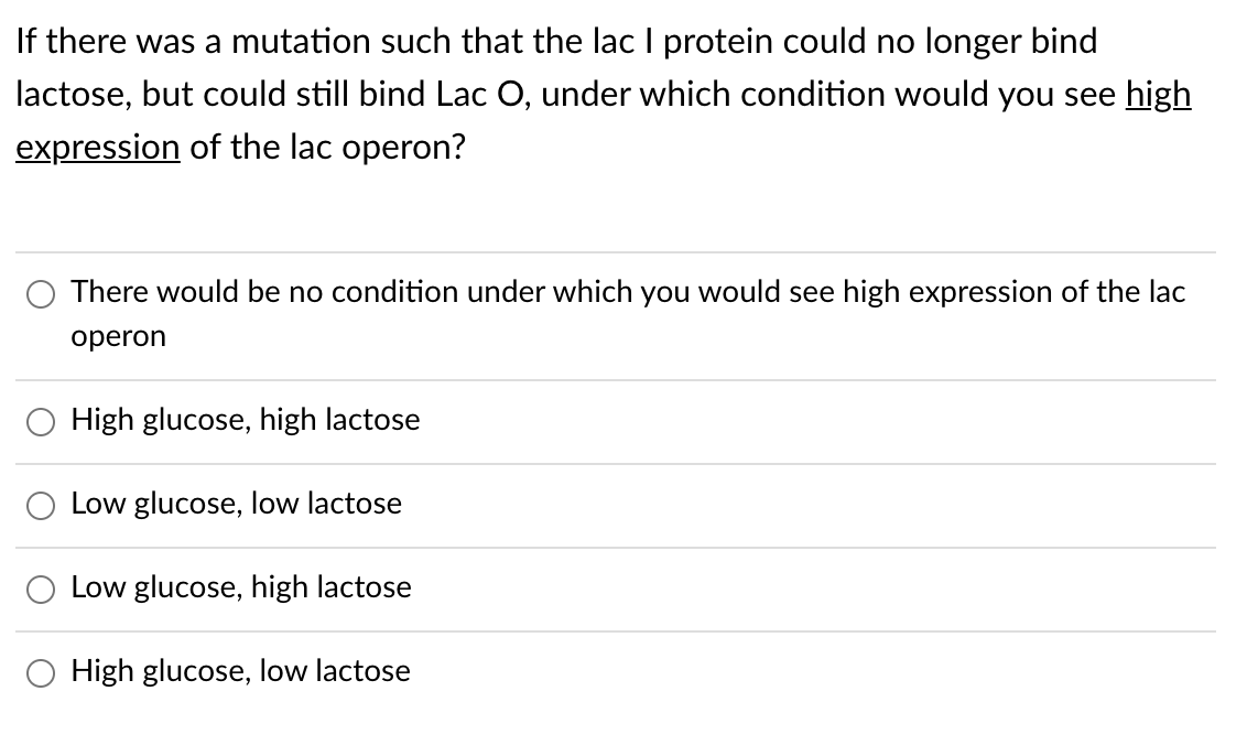 If there was a mutation such that the lac I protein could no longer bind
lactose, but could still bind Lac O, under which condition would you see high
expression of the lac operon?
There would be no condition under which you would see high expression of the lac
operon
High glucose, high lactose
O Low glucose, low lactose
O Low glucose, high lactose
O High glucose, low lactose
