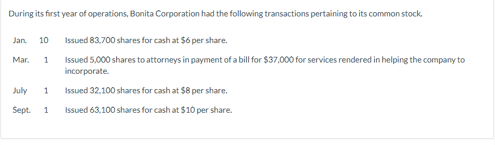 During its first year of operations, Bonita Corporation had the following transactions pertaining to its common stock.
Jan. 10
Mar. 1
July
Sept.
1
1
Issued 83,700 shares for cash at $6 per share.
Issued 5,000 shares to attorneys in payment of a bill for $37,000 for services rendered in helping the company to
incorporate.
Issued 32,100 shares for cash at $8 per share.
Issued 63,100 shares for cash at $10 per share.