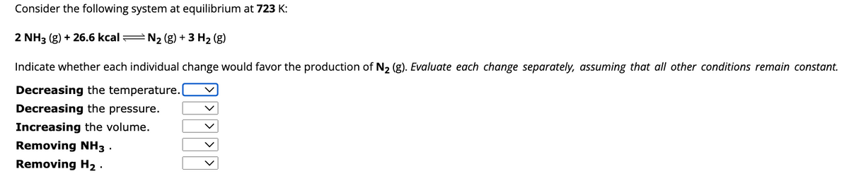 Consider the following system at equilibrium at 723 K:
2 NH3(g) + 26.6 kcal N₂ (g) + 3 H₂ (g)
Indicate whether each individual change would favor the production of N₂ (g). Evaluate each change separately, assuming that all other conditions remain constant.
Decreasing the temperature.
Decreasing the pressure.
Increasing the volume.
Removing NH3
Removing H₂.
0000