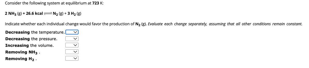Consider the following system at equilibrium at 723 K:
2 NH3(g) + 26.6 kcal - N₂ (g) + 3 H₂ (g)
Indicate whether each individual change would favor the production of N₂ (g). Evaluate each change separately, assuming that all other conditions remain constant.
Decreasing the temperature.
Decreasing the pressure.
Increasing the volume.
Removing NH3.
Removing H₂.
0000