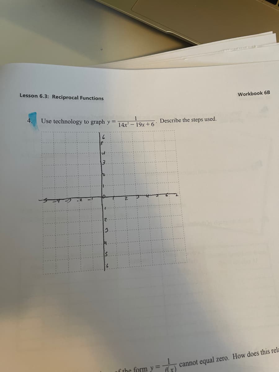 Lesson 6.3: Reciprocal Functions
Workbook 6B
4.
Use technology to graph y =
Describe the steps used.
14x
19x
cannot equal zero. How does this rela
f the form y
