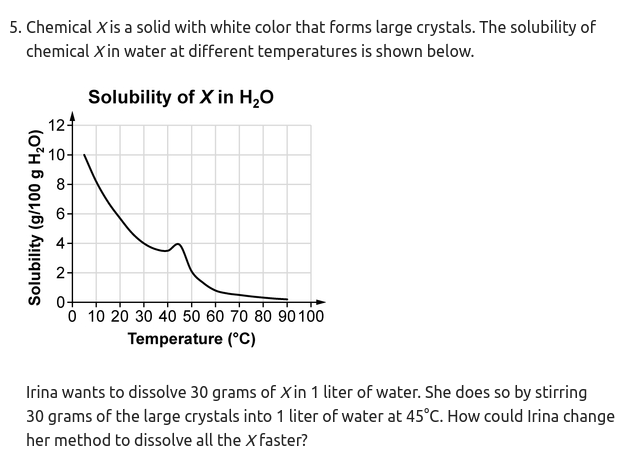 5. Chemical Xis a solid with white color that forms large crystals. The solubility of
chemical X in water at different temperatures is shown below.
Solubility of X in H20
124
10-
8-
6-
2-
0+
Ó 10 20 30 40 50 60 70 80 90100
Temperature (°C)
Irina wants to dissolve 30 grams of Xin 1 liter of water. She does so by stirring
30 grams of the large crystals into 1 liter of water at 45°C. How could Irina change
her method to dissolve all the X faster?
Solubility (g/100 g H,O)
4-
