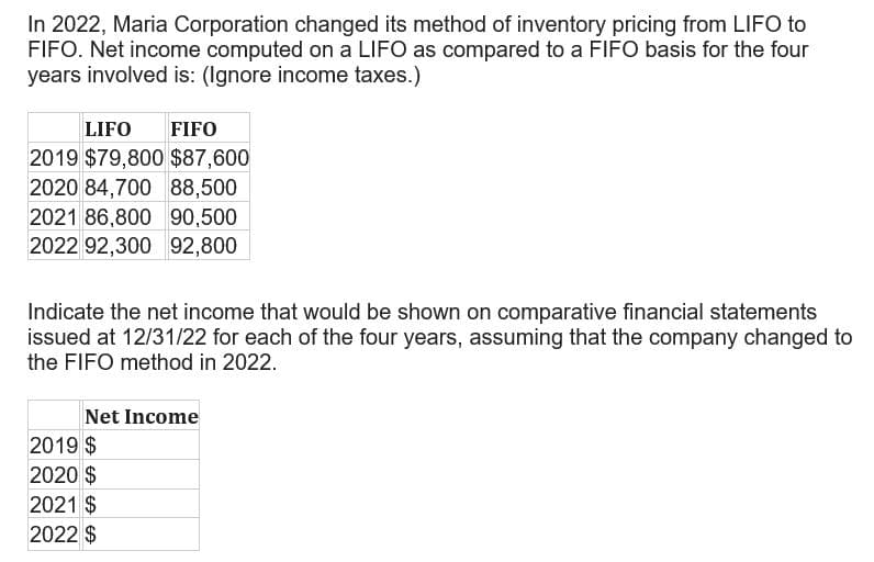 In 2022, Maria Corporation changed its method of inventory pricing from LIFO to
FIFO. Net income computed on a LIFO as compared to a FIFO basis for the four
years involved is: (Ignore income taxes.)
LIFO FIFO
2019 $79,800 $87,600
2020 84,700 88,500
2021 86,800 90,500
2022 92,300 92,800
Indicate the net income that would be shown on comparative financial statements
issued at 12/31/22 for each of the four years, assuming that the company changed to
the FIFO method in 2022.
Net Income
2019 $
2020 $
2021 $
2022 $