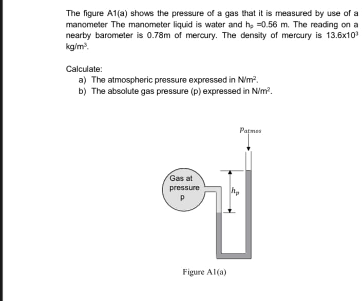 The figure A1(a) shows the pressure of a gas that it is measured by use of a
manometer The manometer liquid is water and h, =0.56 m. The reading on a
nearby barometer is 0.78m of mercury. The density of mercury is 13.6x103
kg/m³.
Calculate:
a) The atmospheric pressure expressed in N/m?.
b) The absolute gas pressure (p) expressed in N/m?.
Pațmos
Gas at
pressure
h,
Figure A1(a)
