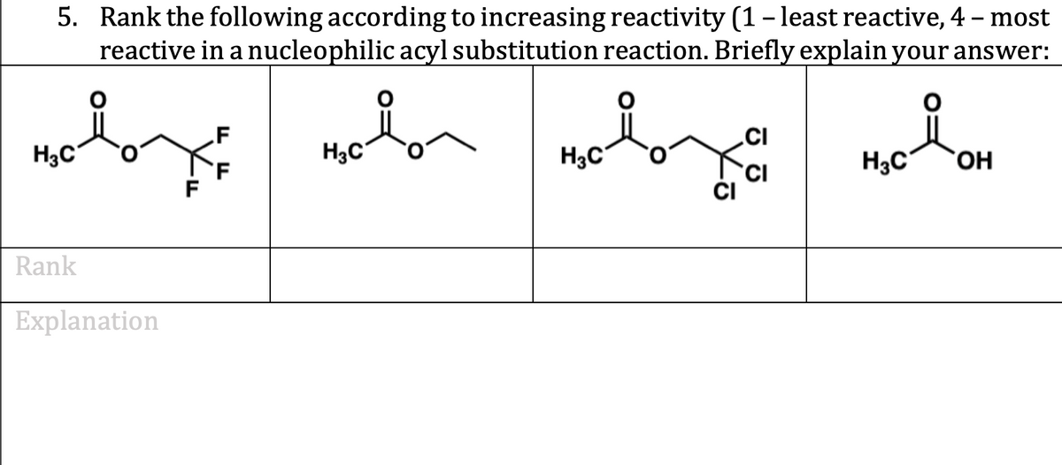 5. Rank the following according to increasing reactivity (1- least reactive, 4 – most
reactive in a nucleophilic acyl substitution reaction. Briefly explain your answer:
F
.CI
H3C
H3C
H3C
H3C
'F
CI
ČI
Rank
Explanation
