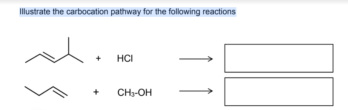 Illustrate the carbocation pathway for the following reactions
+
HCI
+
CH3-OH
