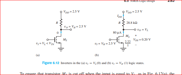 6.5 NMOS Logie Design
O Von = 2.5 V
Ipp
O Vop = 2.5 V
28.8 k2
vo = VH= 2.5 V
O vo = VL
80 μΑ
Mg
Vos = 0.20 V
Ms
v; = V < VIN
v = Vụ = 2.5 V
(a)
(b)
Figure 6.12 Inverters in the (a) v, = VL (0) and (b) v, = VH (1) logic states.
To ensure that transistor M. is cut off when the innut is equal to V. as in Fig 6.12(a), the
